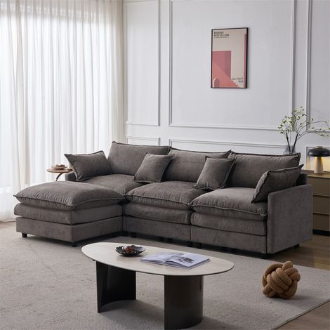 Canapé d'Angle Modulaire en Chenille - 267x154x85cm - Canapé 3 Places avec Méridienne et Pouf-Confort Familial - Gris (1/5)