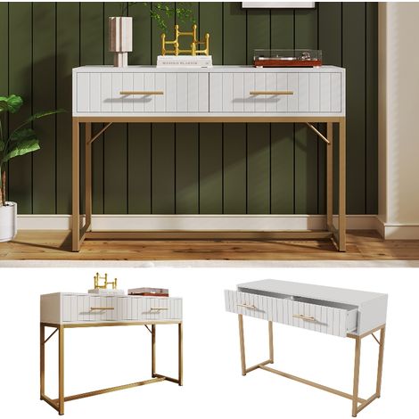 Schminktisch mit 2 Schubladen und geriffelter Front, moderne Schubladenkommode für Schlafzimmer, B100xH75xT45 cm, Weiß mit Metallfüßen (1/5)