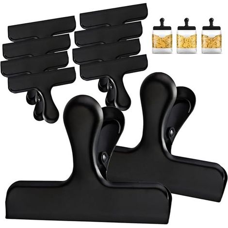 Confezione da 10 clip di chiusura per alimenti in acciaio inox nero, 12x7,5 cm, ideali per sacchetti di snack e patatine. (1/5)