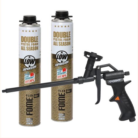 Lot de 2 mousses polyuréthane de montage FOME FLEX Double 750 ml + pistolet à mousse POINT BLACK professionnel (1/5)