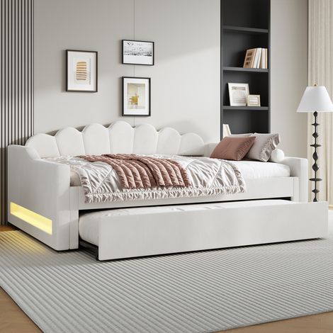 Lit banquette capitonné 140x200 cm avec éclairage LED et lit gigogne, canapé-lit beige moderne
