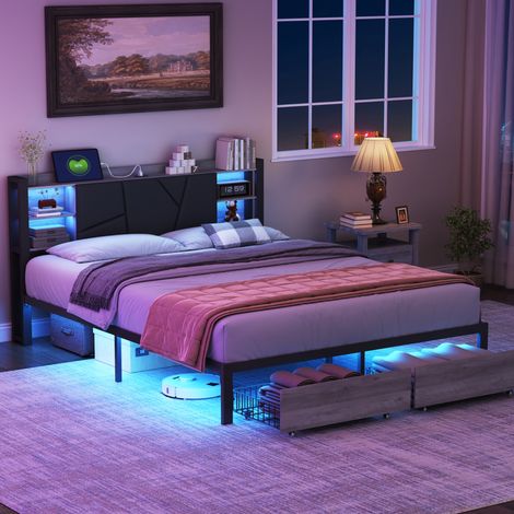 Lit adulte 140x200 cm avec tête de lit LED, cadre LED, structure en bois massif et métal, 2 tiroirs au pied (1/5)