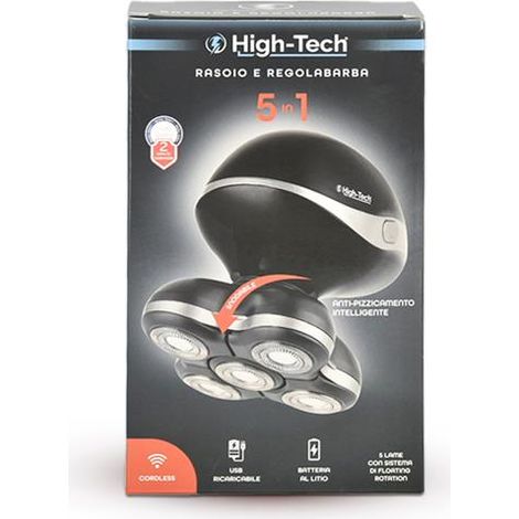 HIGH-TECH RASOIO E REGOLABARBA CORDLESS 5 IN 1 ANTI PIZZICAMENTO CON 5 LAME ROTANTI E SNODABILE + ACCESSORI E 2 VELOCITÀ OKX