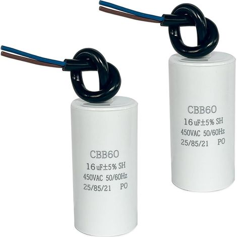 Lot de 2 condensateurs de démarrage CBB60 16µF 450 V 50/60 Hz, condensateur CBB60 16uf fonctionnement, annulation du condensateur, idéal pour compresseurs, ventilateurs, pompes (1/5)