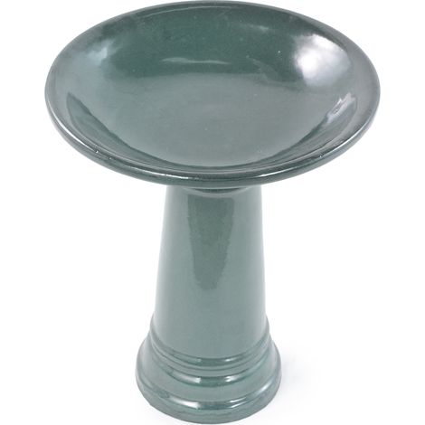 Bain d'oiseaux en céramique artisanale (Ø 31,5 cm, hauteur 38 cm), vert foncé brillant avec un émail lisse et lustré, résistant aux intempéries et au gel, pour jardin, terrasse et balcon. (1/4)