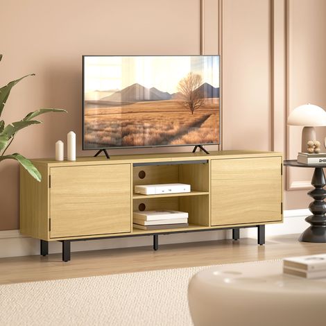 Mobile porta TV, adatto a televisori fino a 65 pollici, con 2 ante a pressione e 2 ripiani, 160x35x55,5 cm, legno naturale.