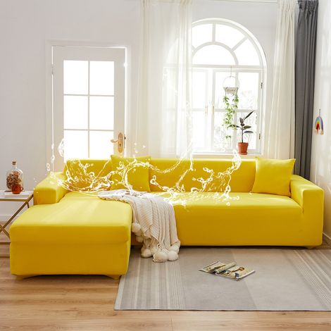 Fodera per divano impermeabile in tessuto elastico silk milk – Colore candy yellow, taglia unica (90–140 cm), copertura completa senza cuciture visibili, fodera sola (cuscini non inclusi)
