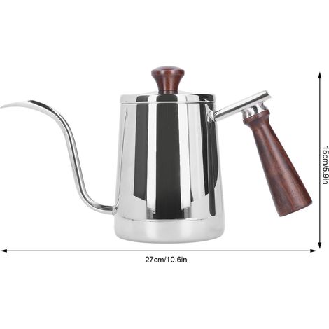 Cafetière portable en acier inoxydable avec poignée en bois et long bec verseur en col de cygne, couleur argent, 700 ml (1/5)