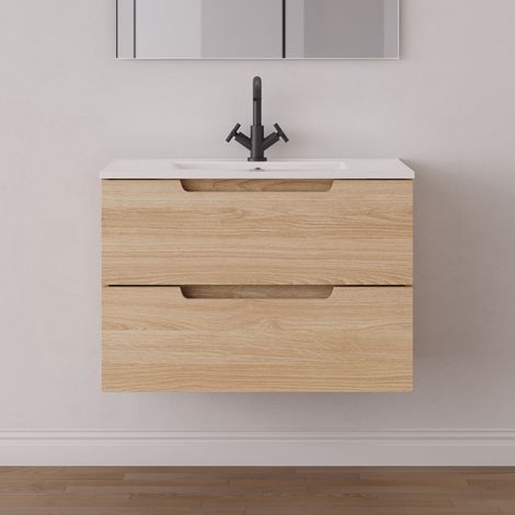 Meuble de salle de bain 70cm simple vasque - 2 tiroirs - sans miroir - roble era (chêne clair) - SONRIZA (1/5)