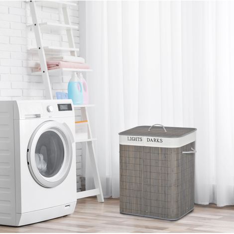 Panier à linge 52x32x63 cm en bambou gris, 2 compartiments, gain de place – MEUBLIV (1/5)