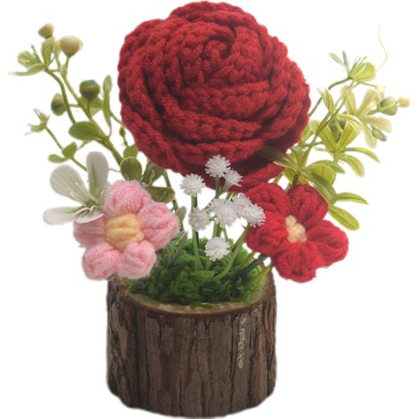 [127 Roses Rouges en Pot] Décoration florale artisanale en pot, tissée à la main - Rose artificielle tricotée et crochetée (1/2)