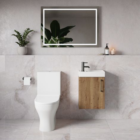 Napoli Cube Tobacco Oak 400mm Single Door Wall Mounted Vanity Unit and Jubilee Toilet Suite with Align Basin - 400mm - Gunmetal Grey 160mm Handle