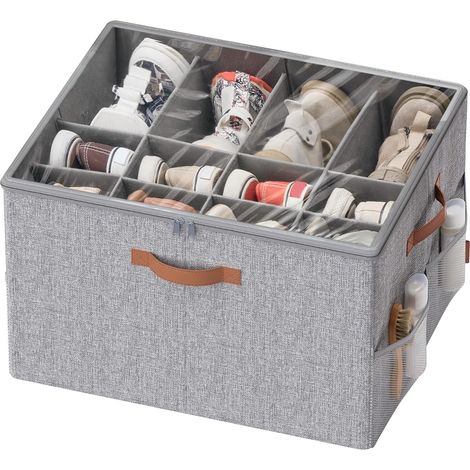 1 Organiseur de chaussures, 16 paires, séparateurs modulables, poignées, couvercle transparent PVC, pour armoire