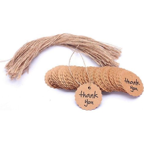 100 étiquettes rondes festonnées en papier kraft avec ficelle, pour remerciements aux invités de mariage (marron) (1/3)