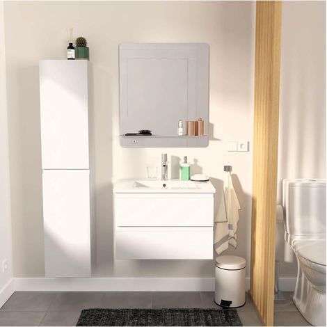 Mob-In – Ensemble meuble salle de bain simple vasque blanc 60cm – Vasque en céramique avec trop-plein – Colonne 140cm – Miroir 60x70cm