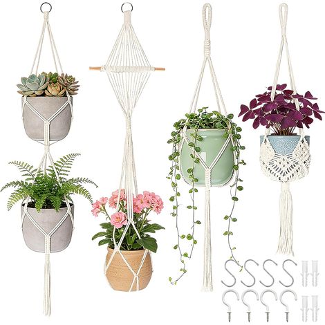 Lot de 4 Suspensions pour Plantes en Macramé Cordes en Coton (1/5)
