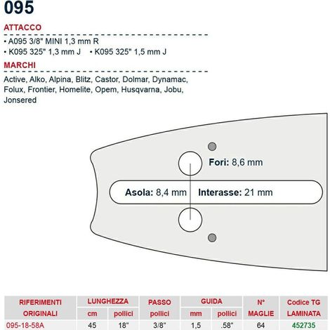 Barra motosega 45 cm - 18" passo 3/8" Spessore 1.5 mm - .058" attacco 095 - 452735