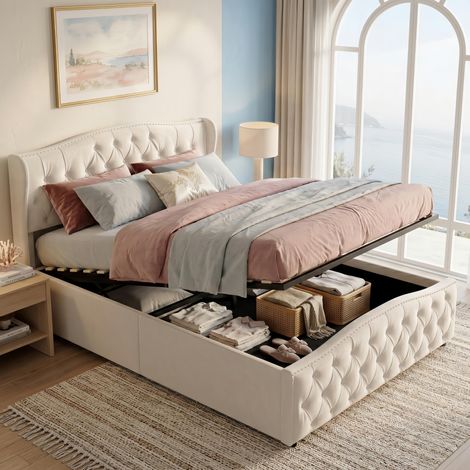 Lit Coffre double 140x190 cm velours, lit capitonné boutonné design rivets, Sommier à Lattes, Rangement Intégré, Scandinave, Beige (1/5)