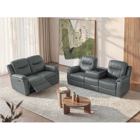 Vente-Unique – Canapé relax 3 places et 2 places en cuir de vachette gris – Mécanisme relax manuel – Plateau bar intégré – Structure en bois massif (1/5)