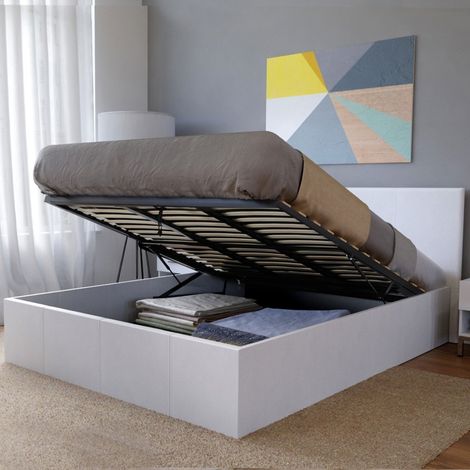 Le Quai Des Affaires – Lit coffre 160x200 BARCELONA – Structure métallique – Revêtement cuir PU blanc – Sommier 3x15 lattes – Hauteur 88 cm
