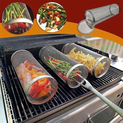 Cesta para parrilla de barbacoa, Cesta para parrilla con ruedas, Rejilla para asar verduras de acero inoxidable de 20 cm (1/5)