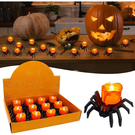 Juego de 12 velas LED de araña para Halloween, sin llama, reutilizables, con luz parpadeante, decoración para fiestas en interiores y exteriores. (1/4)