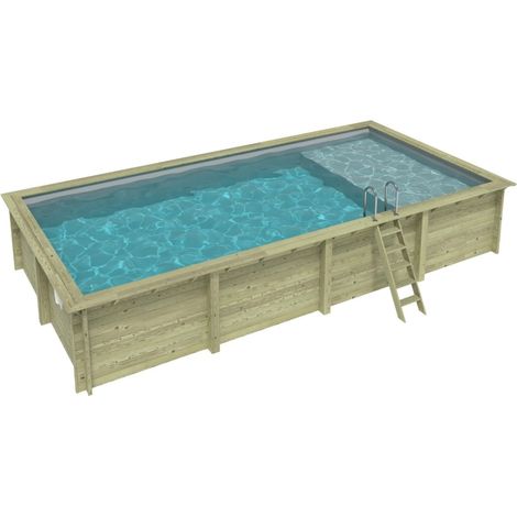 Piscine en bois AQUA 8.5 x 4.35 - H.1.45 m avec plage, gris clair, cadre en métal - sans dalle