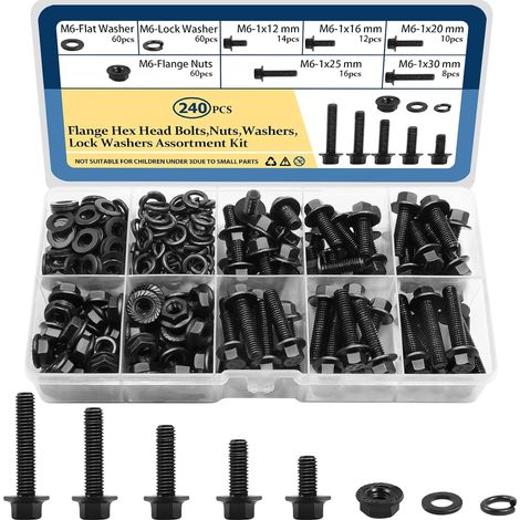 Kit de 240 Vis à Bride M6-1.0 (Longueurs 12/16/20/25/30mm) - Boulons Hexagonaux pour Réparation Automobile, Bricolage et Assemblage Mécanique (1/4)