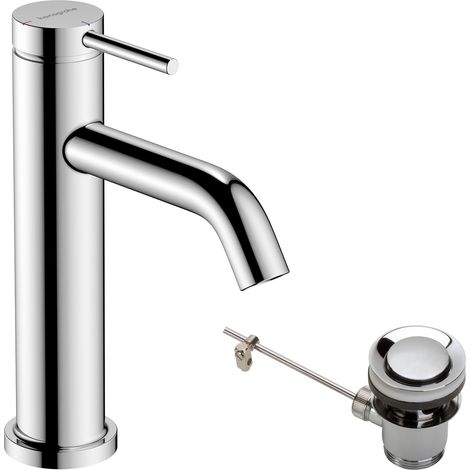Mitigeur de lavabo avec tirette et vidage, économie d'énergie, Robinet de salle de bain avec hauteur sous bec 110 mm, économie d'eau, Chromé, 73314000 (1/5)