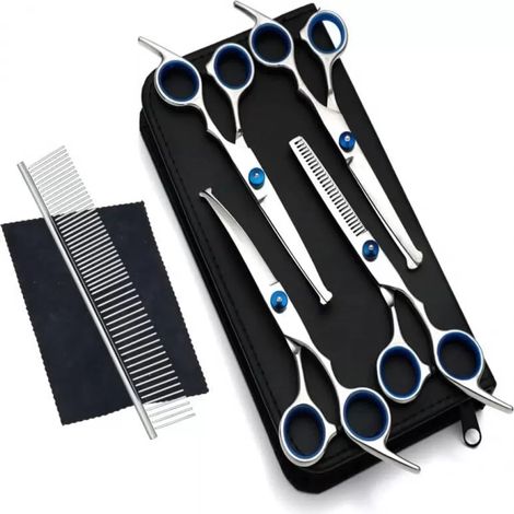 Ciseaux De Toilettage Pour Chien - Lame Courbe Vers Le Haut Et Vers Le Bas - Acier Inoxydable 4CR - Embout Arrondi De Sécurité - Lot De 2 (1/5)