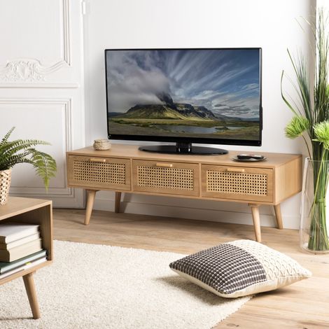 Macabane – Meuble TV couleur naturelle 120x40x40 cm – 3 tiroirs en bois frêne et cannage – Style chaleureux et tendance (1/7)
