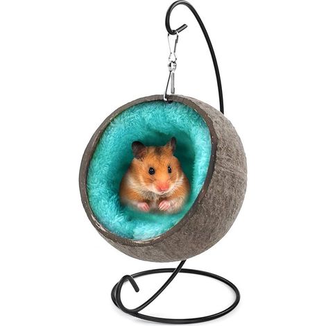 Hamac en noix de coco naturelle JeiibrZui pour petits animaux - Cachette sécurisée avec coussin chaud - Nid fait main pour hamster, souris, cochon d'Inde, hérisson, perroquet - 23 x 15 cm - 1 pièce (1/5)