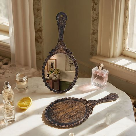 Miroir à main rétro avec poignée, coiffeuse Miroir cosmétique portable Miroir à main élégant Miroir de voyage portable en plastique pour femmes Maquillage pour le visage Accessoires de bureau (1/5)