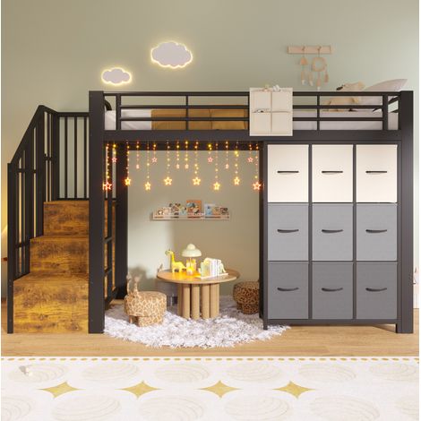 Cama alta 90x200 cm con cómoda y cajones, escalera con almacenamiento en metal negro, sin colchón (1/5)