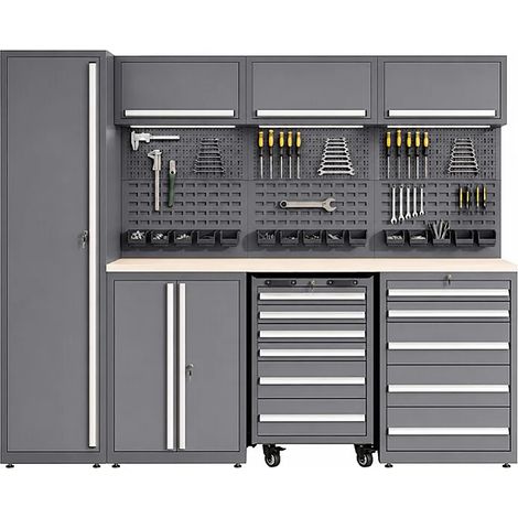 Établi en bois et acier avec colonne simple - L275 x P57 x H202 cm - Gris anthracite - ATELIOR (1/5)