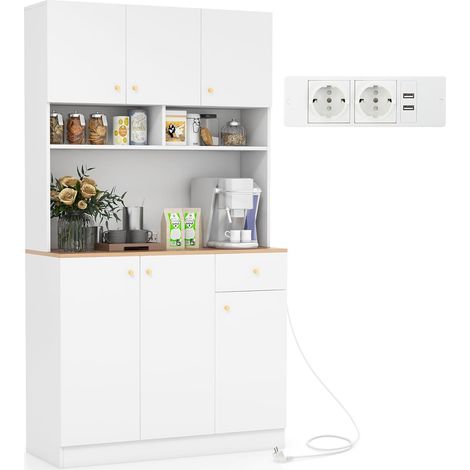 COSTWAY Armario Alacena de Cocina Mueble, Aparador Cocina con Tomas de Corriente, Puertos USB, Kits Antivuelco y Estantes Ajustables de 3 Posiciones, Mueble Auxiliar de Cocina, 100x40x181 cm (1/5)
