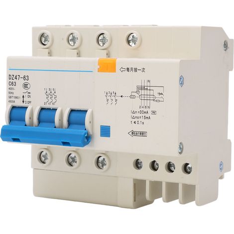 Dreipoliger (3P) und neutraler (N) Leitungsschutzschalter zur DIN-Schienenmontage, Abschaltvermögen von 4500 A, 400 V, 63 A, für den Hausgebrauch oder Bürogebrauch. (1/5)