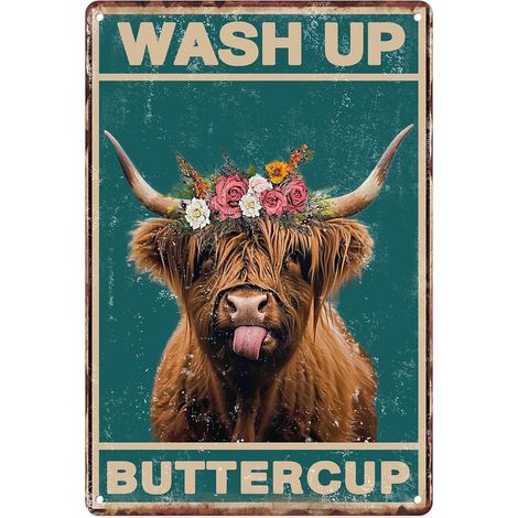 Plaque Métallique 20X30 Cm, Plaque de Fer Vintagée Drôle "Lave-toi, Chérie" avec Vache Écossaise pour Décoration Murale, Maison, Salle de Bain, Toilette (1/5)