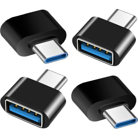 Adaptateur USB-C Mâle vers USB-A 3.0 Femelle - Compatible OTG - Pour Téléphones Tablettes Ordinateurs Type-C - Lot de 4 - Noir