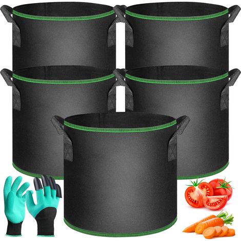 Lot de 5 Sacs de plantation, Tissu non tissé, 30L, Poignées renforcées, Gants de jardinage, Balcon Jardin (1/5)