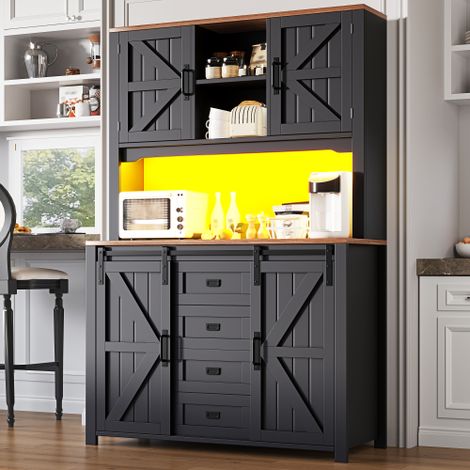 Meuble de cuisine (115 × 40 × 174,7 cm), haut buffet avec portes coulissantes et éclairage LED, noir et blanc. (1/5)