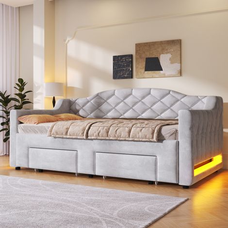 Lit banquette extensible 90-180x200 cm LED 2 tiroirs velours  - gris  clair
