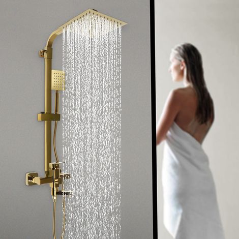 Senderpick – Colonne de douche hydromassante 3 fonctions – Douche à effet pluie 20x20cm – Hauteur réglable 85-124cm – Laiton doré – Tuyau inox 1,5m (1/5)