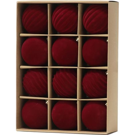 12 Pièces Boules de Noël en Velours, 8CM Rouge Floquées Boules Ornaments de Noëls Balle de Noël Incassables à Suspendre pour Sapin de Noëls Vacances Maison Fête Décoration (3 Styles) (1/5)