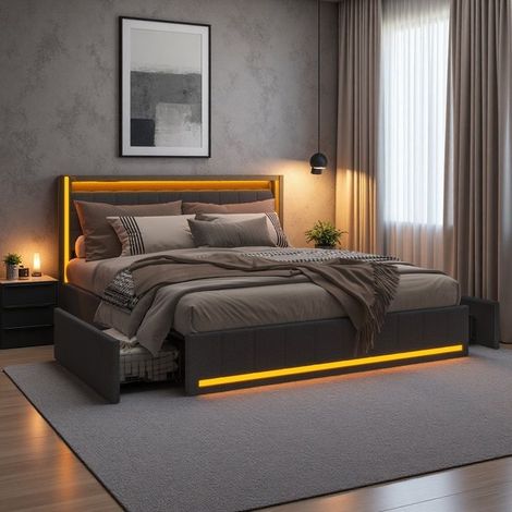 Doppelbett 180x200 cm - Grauer Leinenstoff - 4 Schubladen - LED-Beleuchtung - Integrierter USB-Anschluss