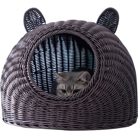 Eosnow Lit pour Chat Oreille Mignonne Imité Rotin Tissé À La Main Respirant Toutes Saisons Lavable Maison Semi Fermée pour Intérieur 38x38cm / 15.0x15.0in Café