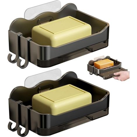 2 PCS Porte Savon Mural, Porte-Savon avec Plateau De Drainage, Boite Savon Support Mural, Boîte à Savon sans Perçage, Boite Savon Support Mural, Porte Savon Salle de Bain Adhésif, Gris (1/5)