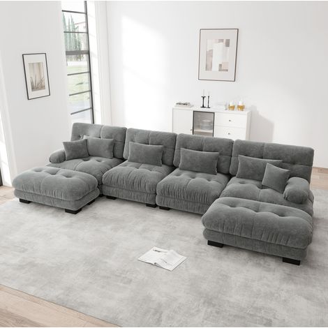 Sofá modular chenilla gris amplio con otomanes de salón OKMYHOME (1/5)