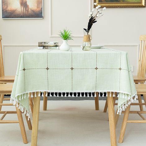 Nappe carrée en coton et lin, facile à nettoyer, lavable, infroissable, à pompons, pour table basse d'extérieur, Ki (1/5)