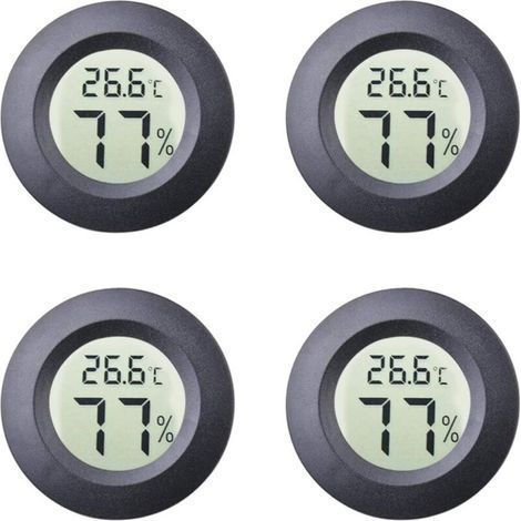 Confezione da 4 mini igrometri/termometri rotondi da interno, display LCD digitale in gradi Celsius o Fahrenheit, misuratori di temperatura e umidità per umidificatori, vasi, incubatori, custodie per (1/4)